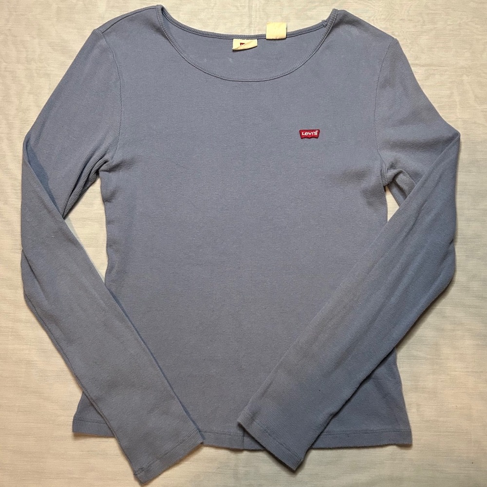 Levis Womens Ribbed Knit Long Sleeve Top M Blue Scoop Neck Red Tab Logo Casual